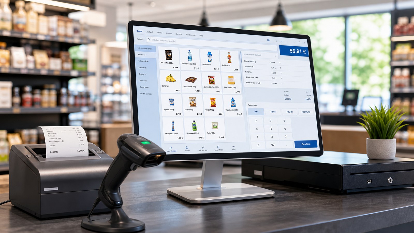 Moderne QuickKasse Oberfläche mit Scanner und Bondrucker